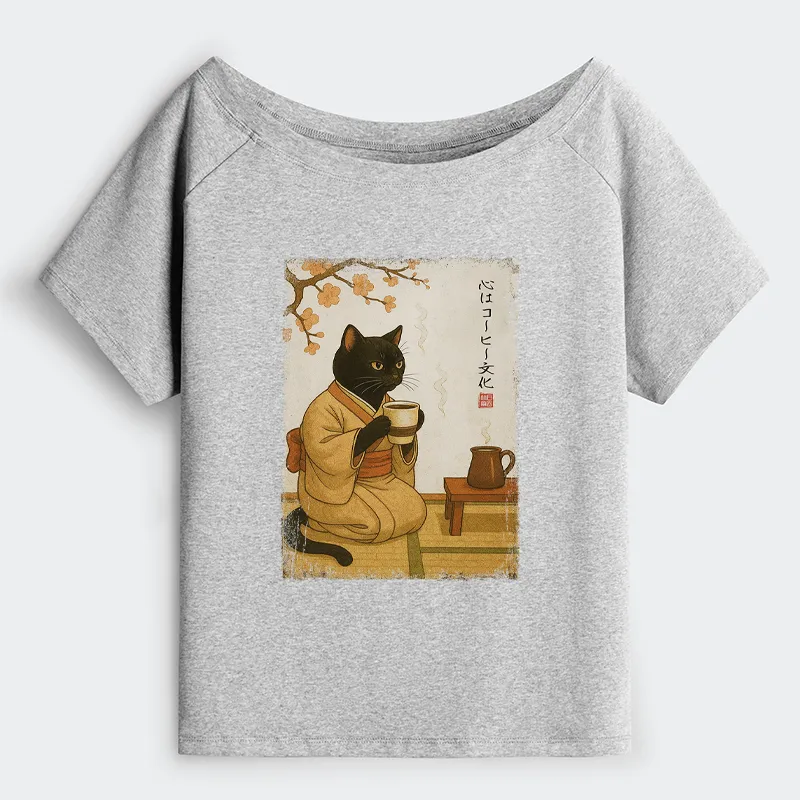 Tokyo-Tiger Cat Heart Full Of Coffee Off Shoulder T-Shirt