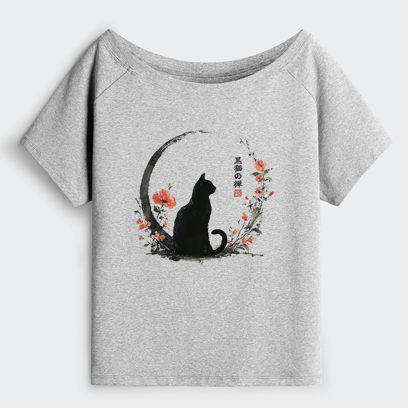 okyo-Tiger Black Cat And Flowers Off Shoulder T-Shirt