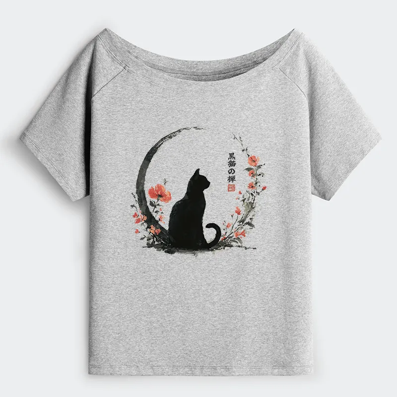 okyo-Tiger Black Cat And Flowers Off Shoulder T-Shirt