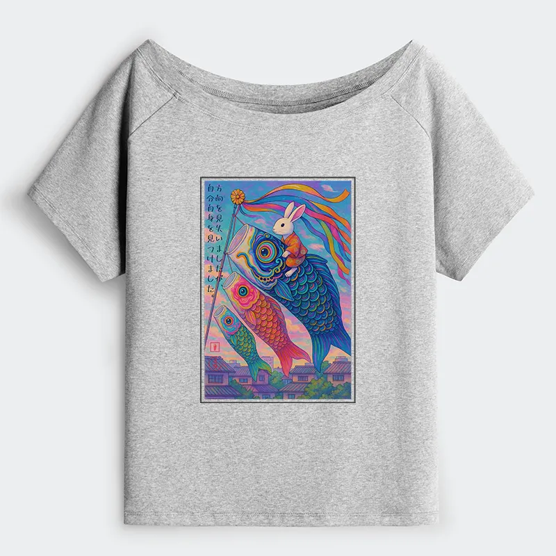 Tokyo-Tiger Ukiyoe Rabbit Ride Carp Streamer Poster Off Shoulder T-Shirt