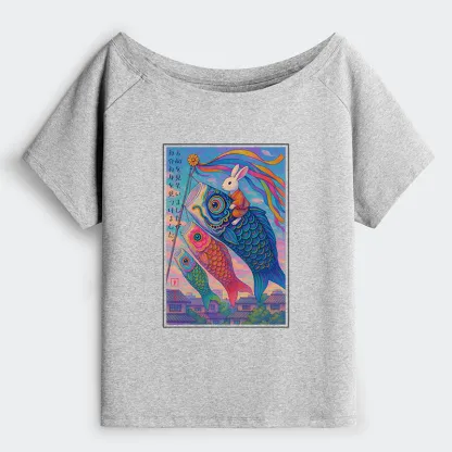 Tokyo-Tiger Ukiyoe Rabbit Ride Carp Streamer Poster Off Shoulder T-Shirt