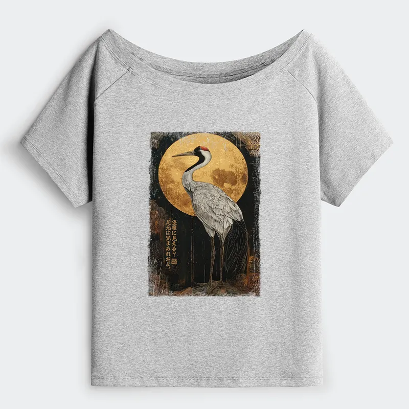 Tokyo-Tiger Vintage Japanese Crane Kanji Off Shoulder T-Shirt