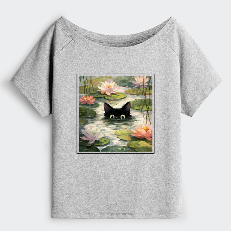 Tokyo-Tiger Black Cat and Lotus Flower Off Shoulder T-Shirt