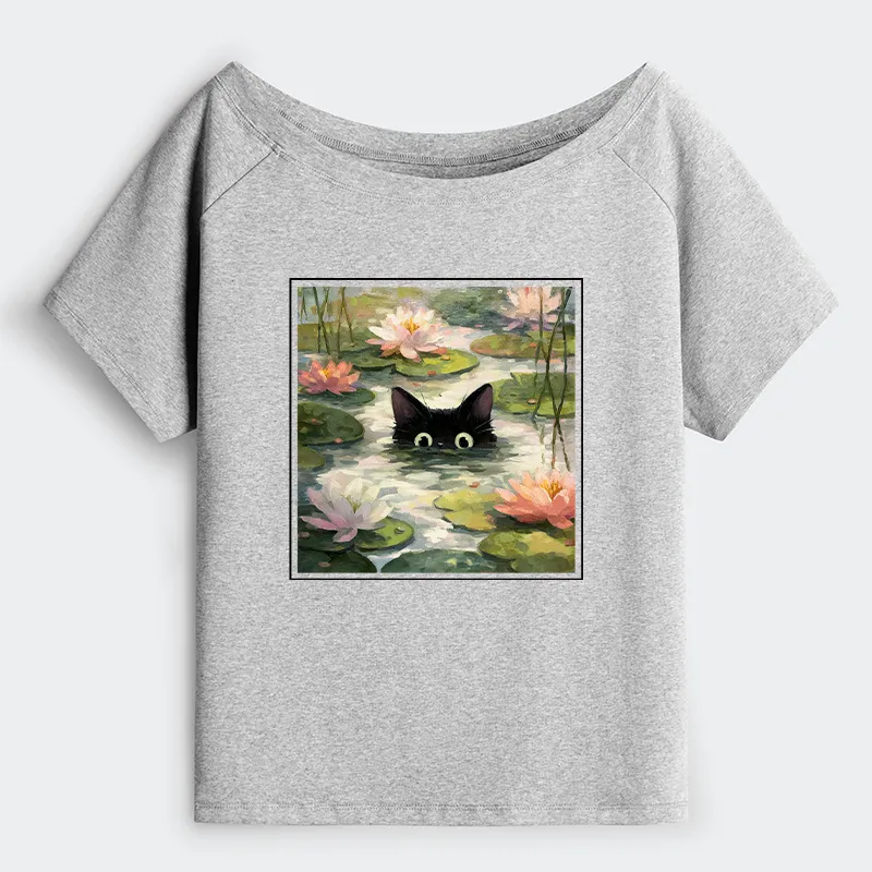 Tokyo-Tiger Black Cat and Lotus Flower Off Shoulder T-Shirt