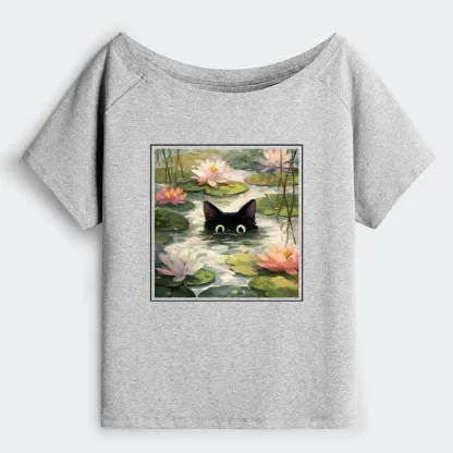 Tokyo-Tiger Black Cat and Lotus Flower Off Shoulder T-Shirt