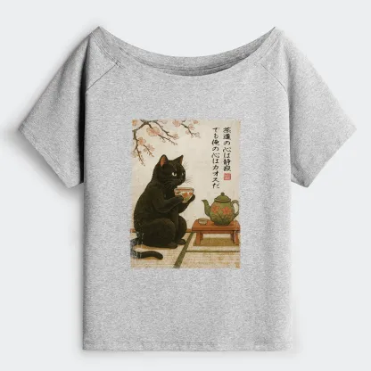 Tokyo-Tiger Tea Time With A Black Cat Off Shoulder T-Shirt