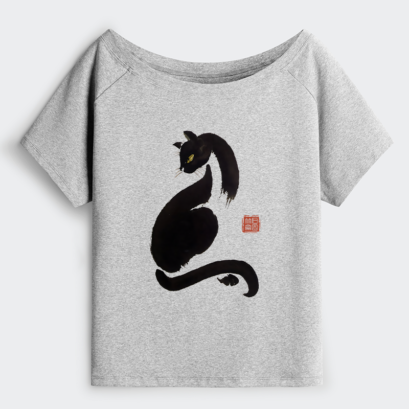 Tokyo-Tiger Elegant Black Cat Japan Off Shoulder T-Shirt