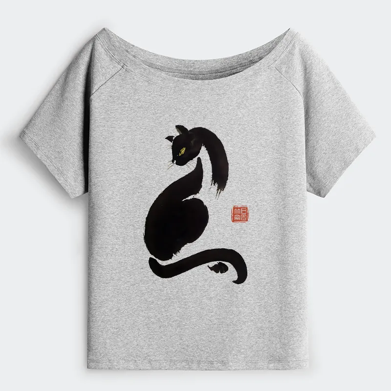 Tokyo-Tiger Elegant Black Cat Japan Off Shoulder T-Shirt