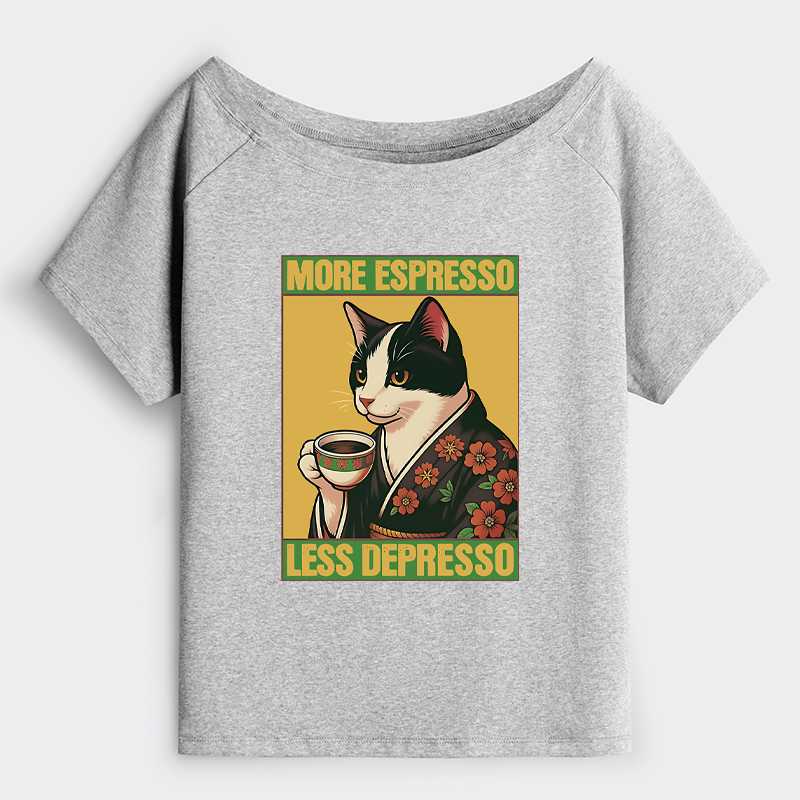 Tokyo-Tiger Tuxedo Cat Drinking Coffee Off Shoulder T-Shirt