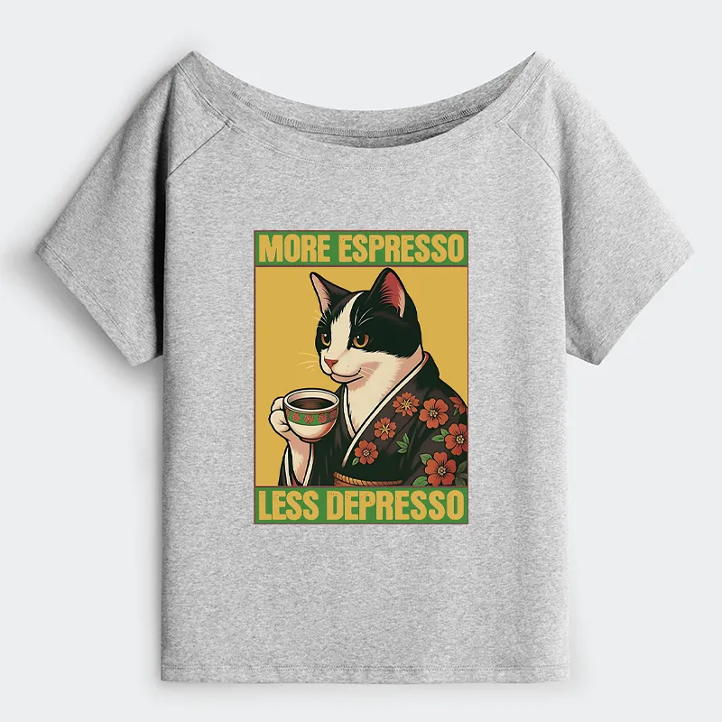 Tokyo-Tiger Tuxedo Cat Drinking Coffee Off Shoulder T-Shirt