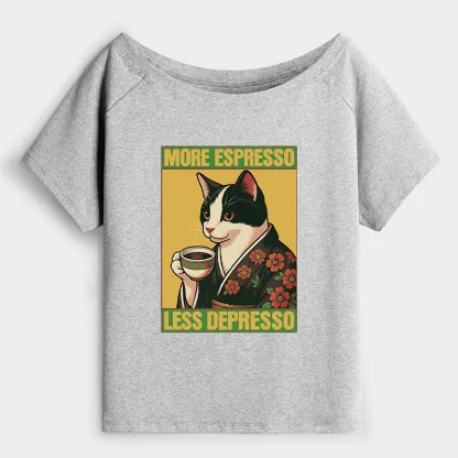 Tokyo-Tiger Tuxedo Cat Drinking Coffee Off Shoulder T-Shirt