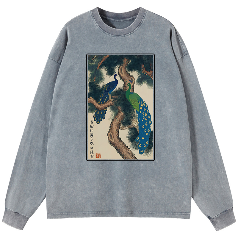 Tokyo-Tiger Peacocks in Snowy Pines Washed Long Sleeve T-Shirt