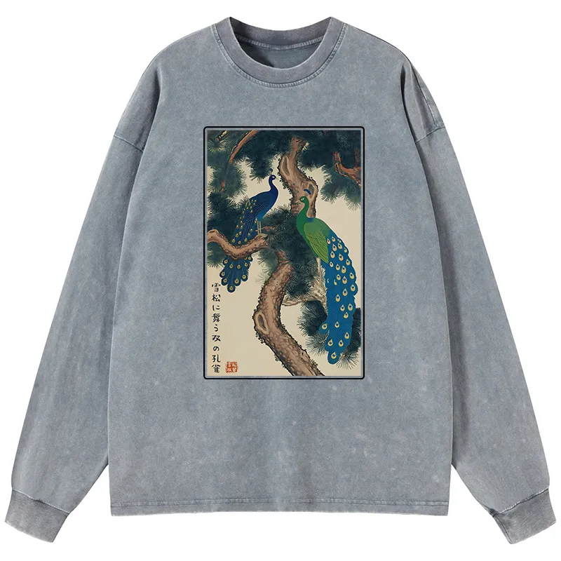 Tokyo-Tiger Peacocks in Snowy Pines Washed Long Sleeve T-Shirt