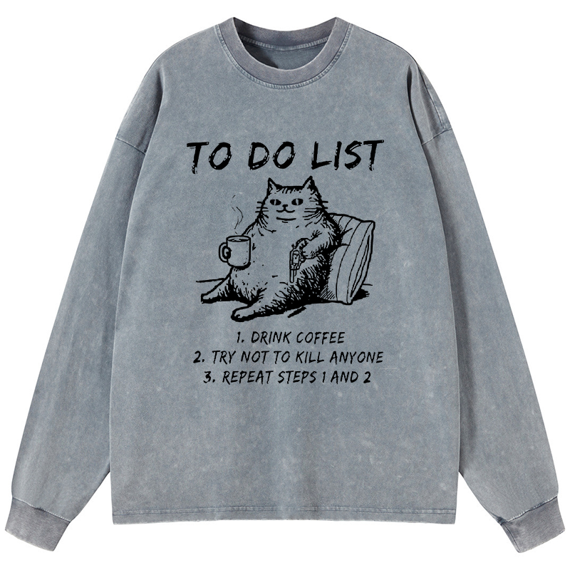 Tokyo-Tiger Cat's To-Do List Washed Long Sleeve T-Shirt