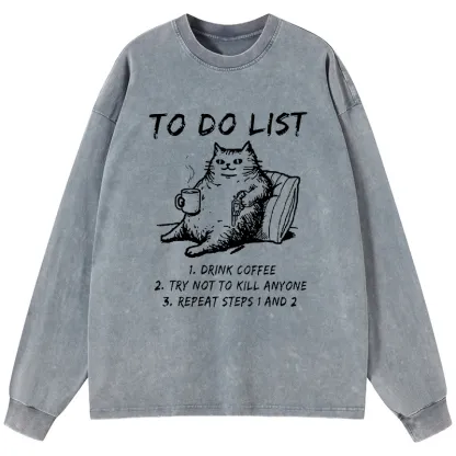 Tokyo-Tiger Cat's To-Do List Washed Long Sleeve T-Shirt