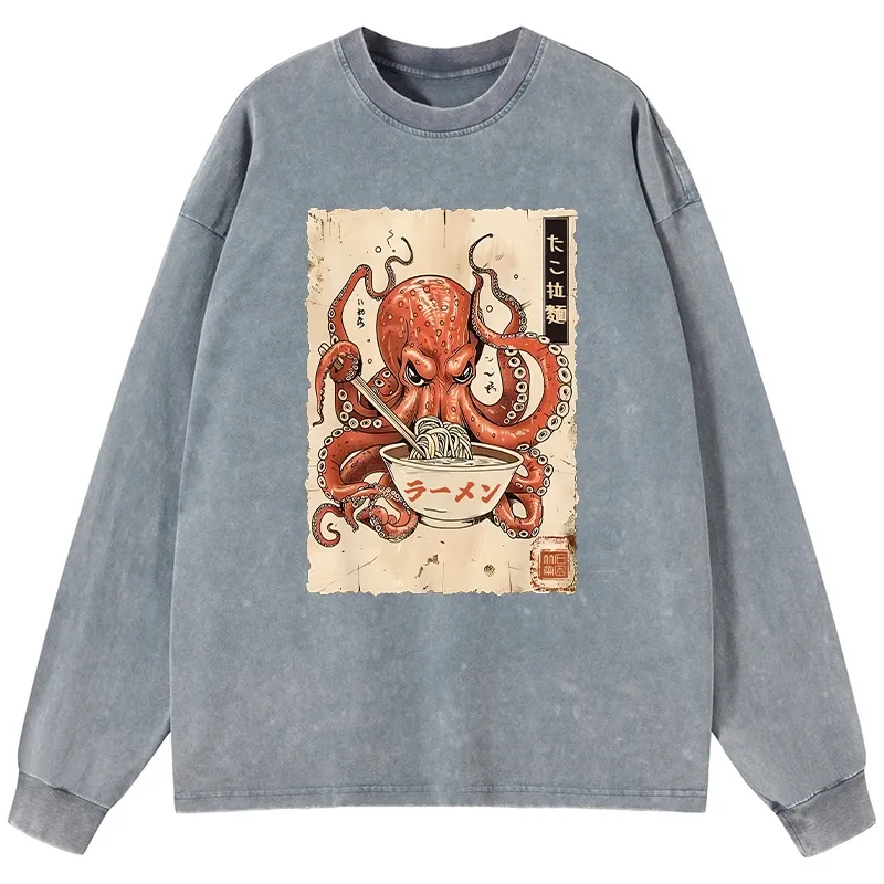 Tokyo-Tiger Retro Octopus Eating Ramen Washed Long Sleeve T-Shirt