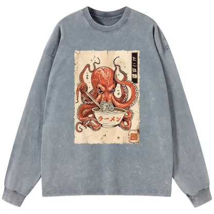 Tokyo-Tiger Retro Octopus Eating Ramen Washed Long Sleeve T-Shirt