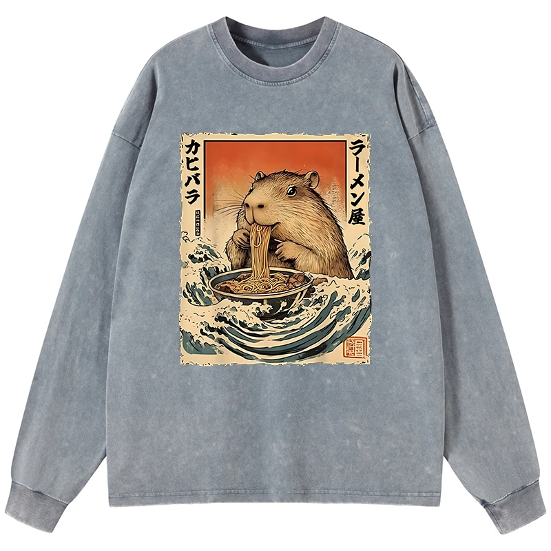 Tokyo-Tiger Hamster Eating Ramen Washed Long Sleeve T-Shirt