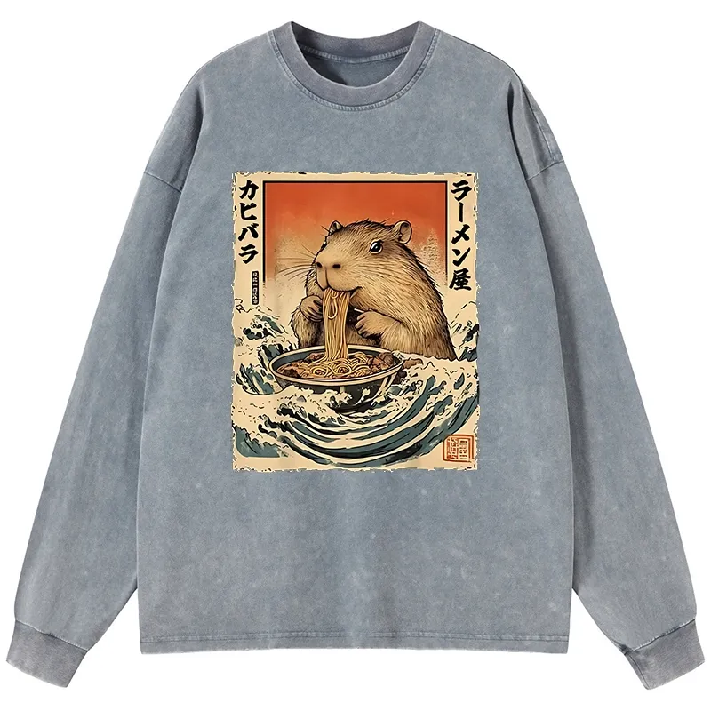 Tokyo-Tiger Hamster Eating Ramen Washed Long Sleeve T-Shirt