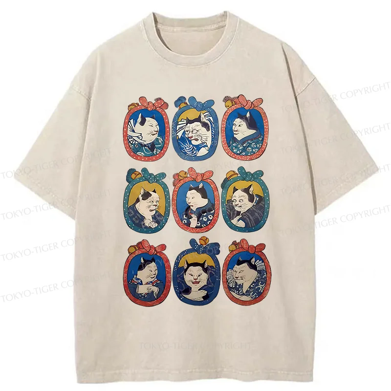 Tokyo-Tiger Ukiyo-e Cat Portrait Washed T-Shirt
