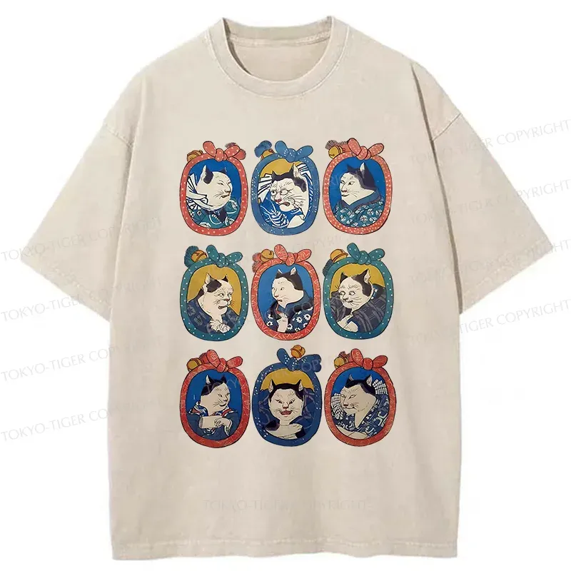 Tokyo-Tiger Ukiyo-e Cat Portrait Washed T-Shirt Sale