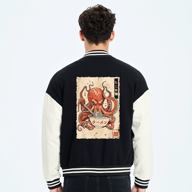 Tokyo-Tiger Retro Octopus Eating Ramen Varsity Jacket
