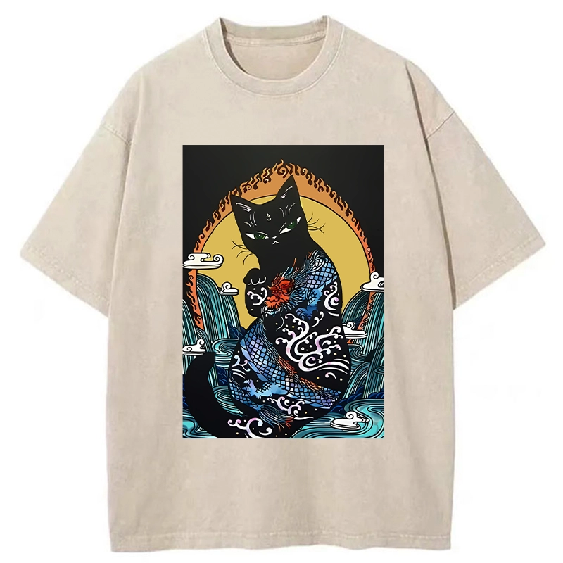 Tokyo-Tiger Black Cat With Dragon Pattern Washed T-Shirt