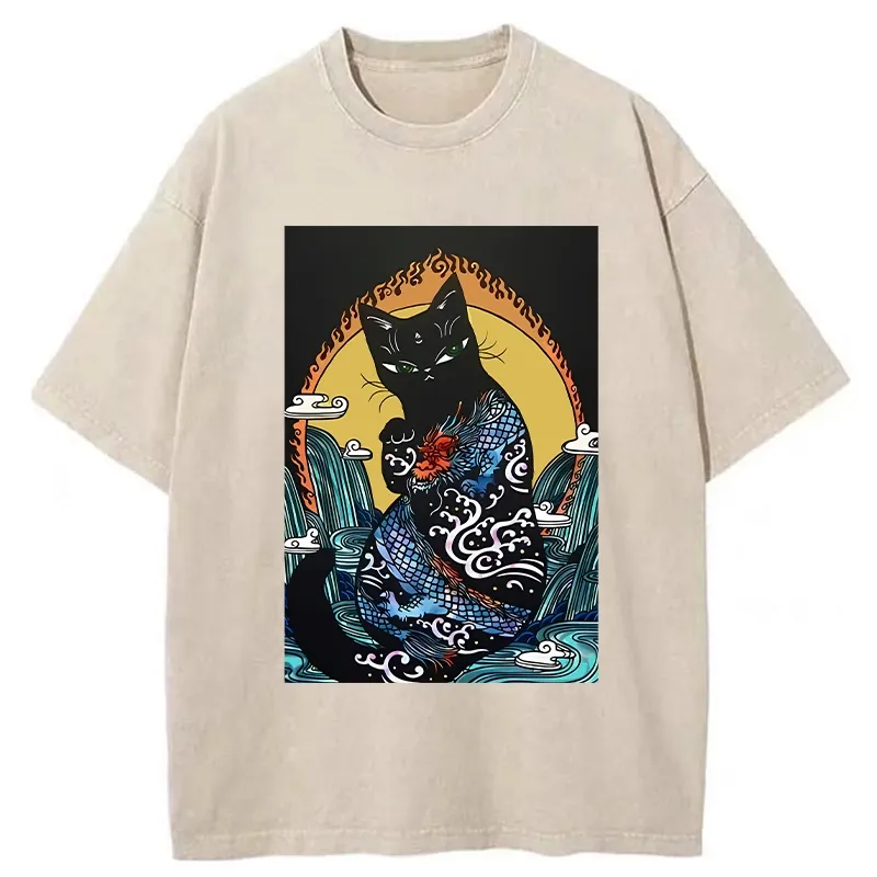 Tokyo-Tiger Black Cat With Dragon Pattern Washed T-Shirt