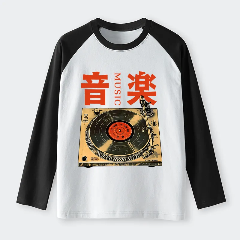 Tokyo-Tiger Retro Music Record Player Raglan Long Sleeve T-shirt