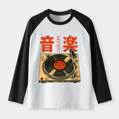 Tokyo-Tiger Retro Music Record Player Raglan Long Sleeve T-shirt