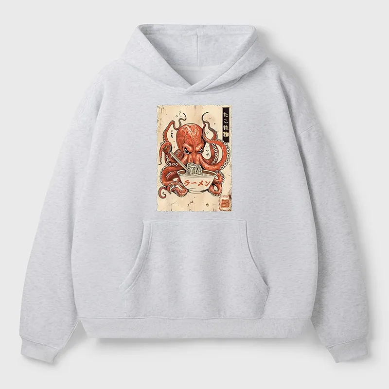 Tokyo-Tiger Retro Octopus Eating Ramen Aldult Fleece Hoodie