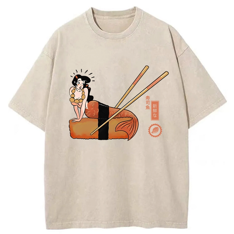 Tokyo-Tiger Funny Sushi Mermaid Washed T-Shirt