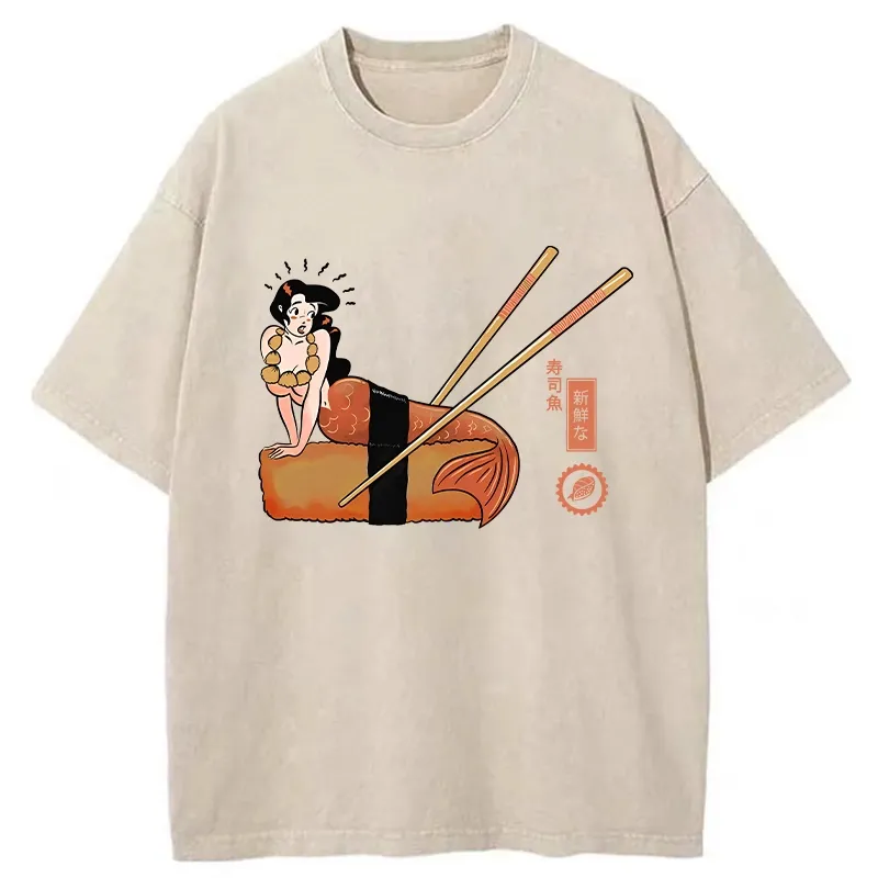 Tokyo-Tiger Funny Sushi Mermaid Washed T-Shirt Sale