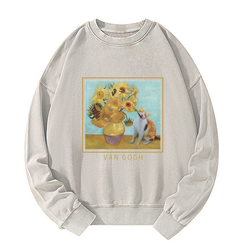 Tokyo-Tiger Naughty Cat Biting Sunflower Washed Sweatshirt