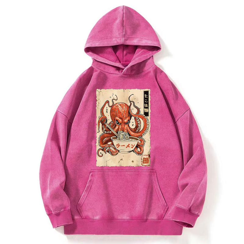 Tokyo-Tiger Retro Octopus Eating Ramen Washed Hoodie