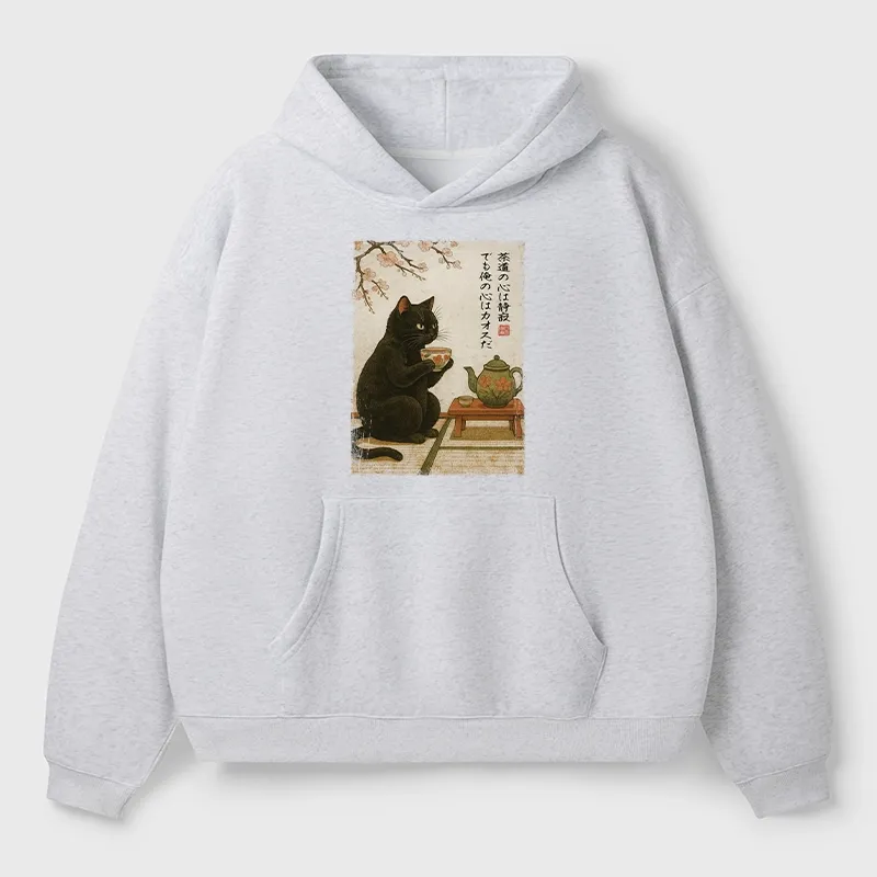 Tokyo-Tiger Tea Time With A Black Cat Aldult Fleece Hoodie