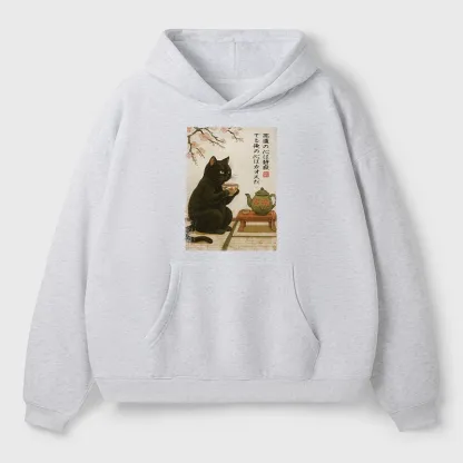 Tokyo-Tiger Tea Time With A Black Cat Aldult Fleece Hoodie