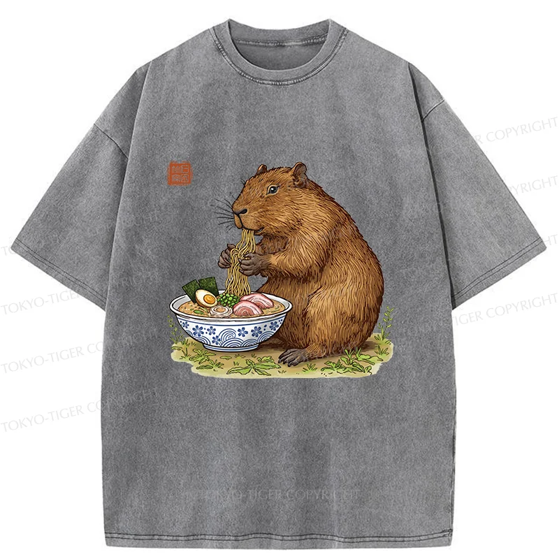 Tokyo-Tiger Capybara Eating Delicious Ramen Washed T-Shirt