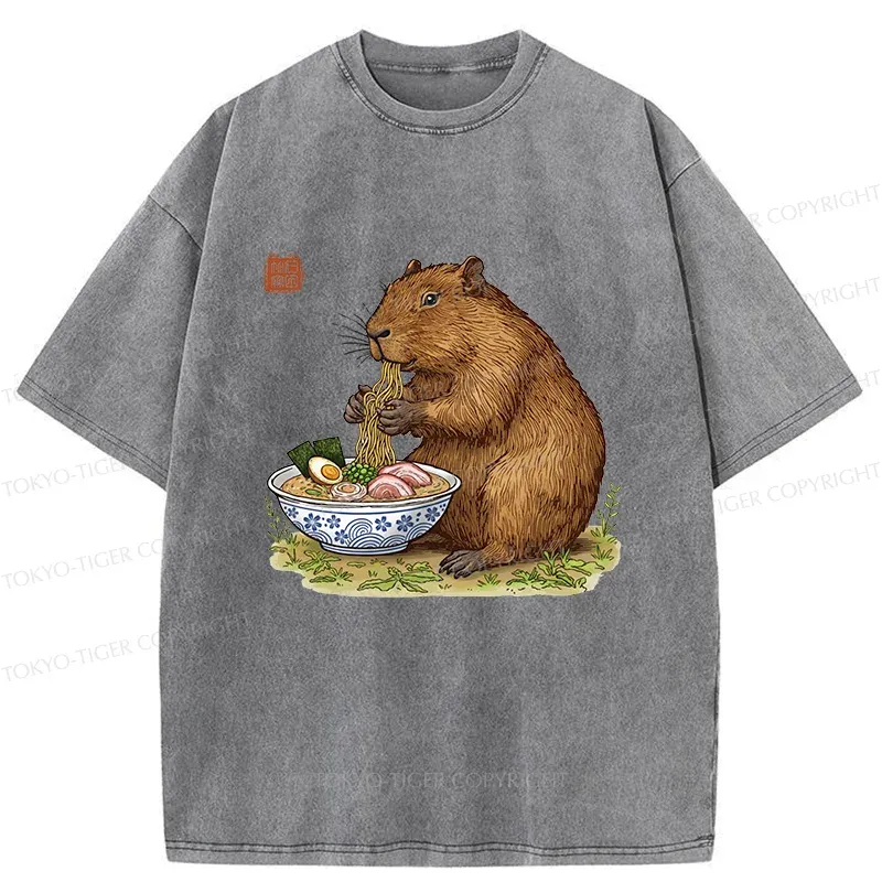 Tokyo-Tiger Capybara Eating Delicious Ramen Washed T-Shirt