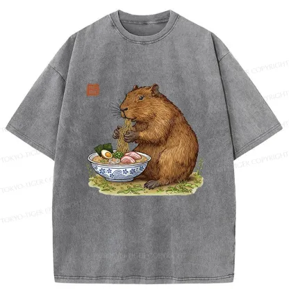 Tokyo-Tiger Capybara Eating Delicious Ramen Washed T-Shirt