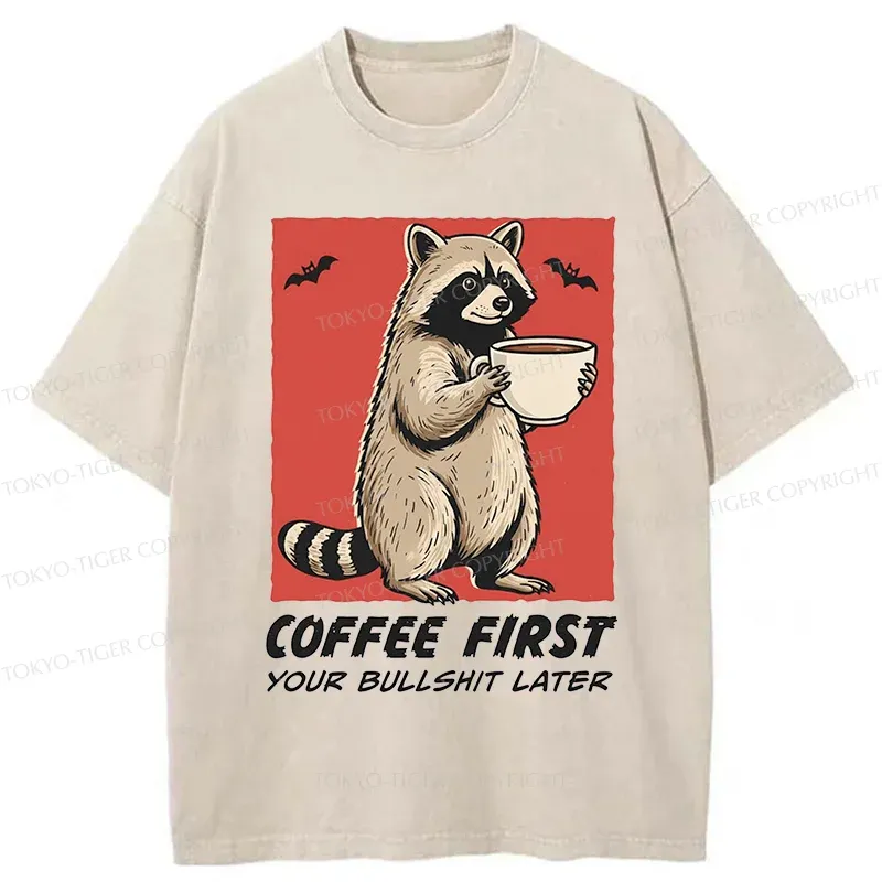 Tokyo-Tiger Raccoon Drinking Coffee Washed T-Shirt Sale