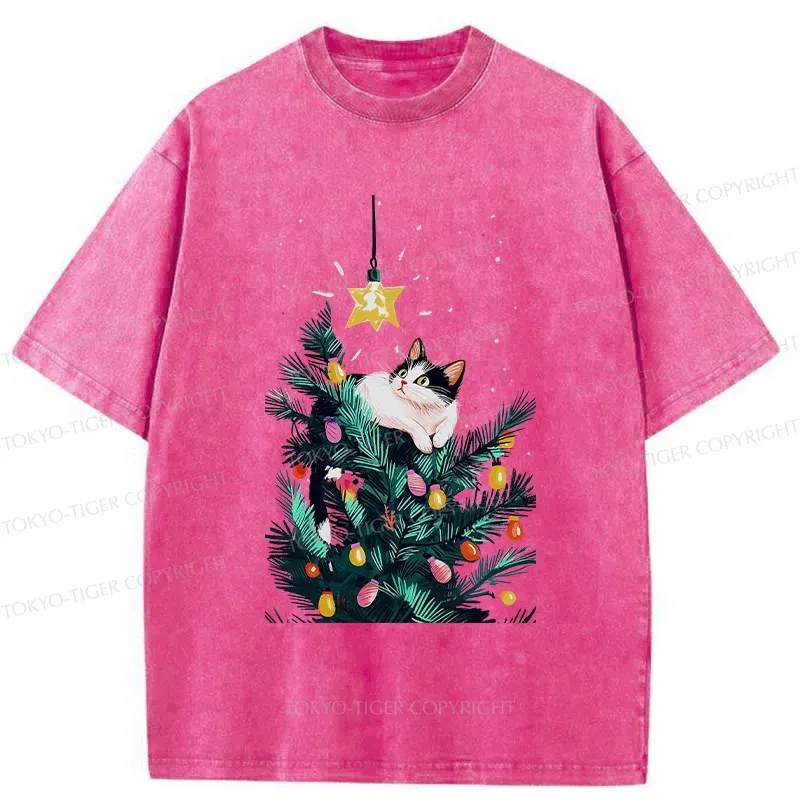 Tokyo-Tiger Cute Christmas Cat Washed T-Shirt