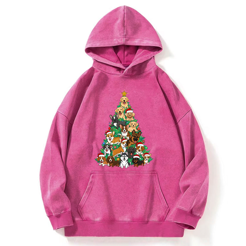 Tokyo-Tiger Christmas Tree Dog Funny Washed Hoodie