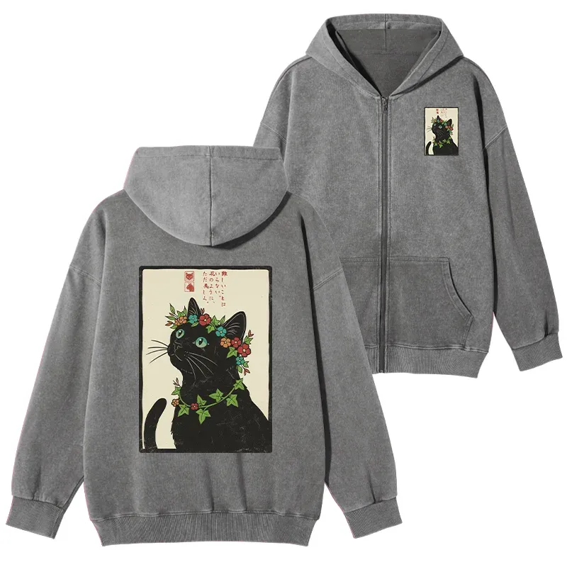 Tokyo-Tiger The Flower-Crowned Cat Washed Zip Hoodie