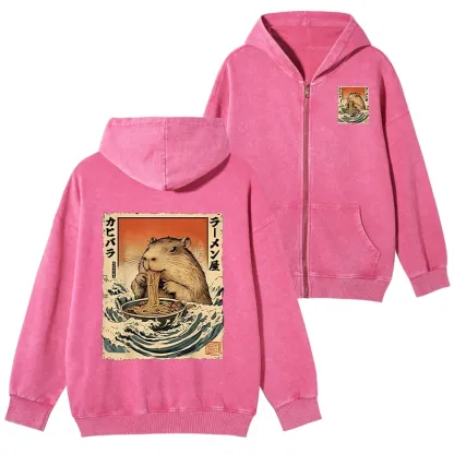 Tokyo-Tiger Hamster Eating Ramen Washed Zip Hoodie