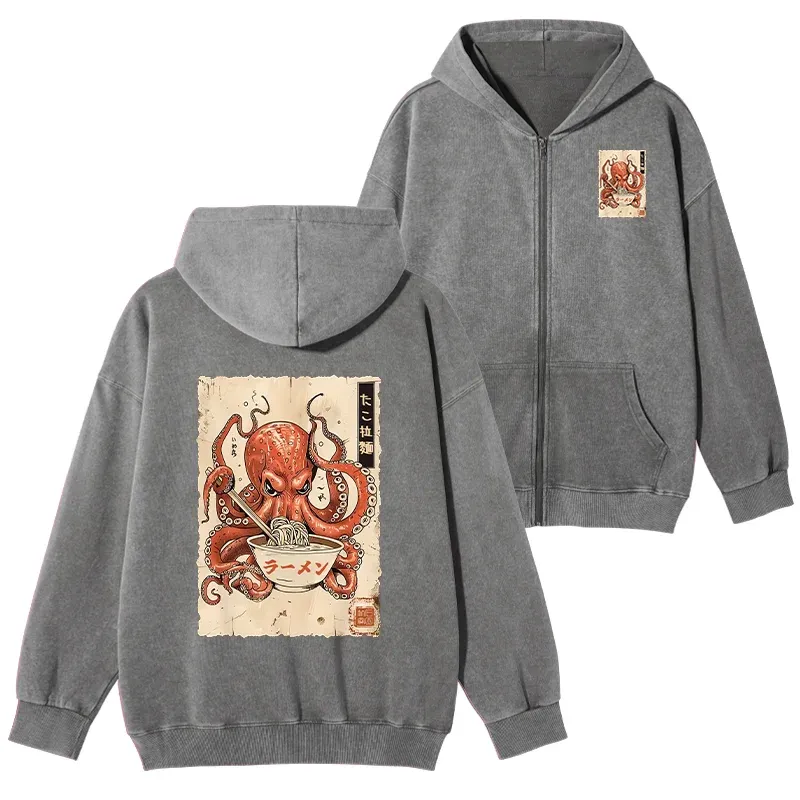 Tokyo-Tiger Retro Octopus Eating Ramen Washed Zip Hoodie