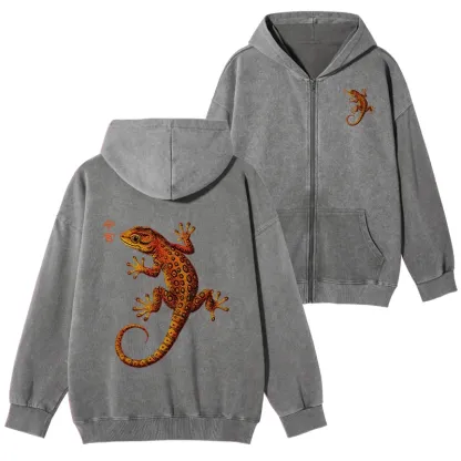 Tokyo-Tiger Retro Gecko Funny Washed Zip Hoodie