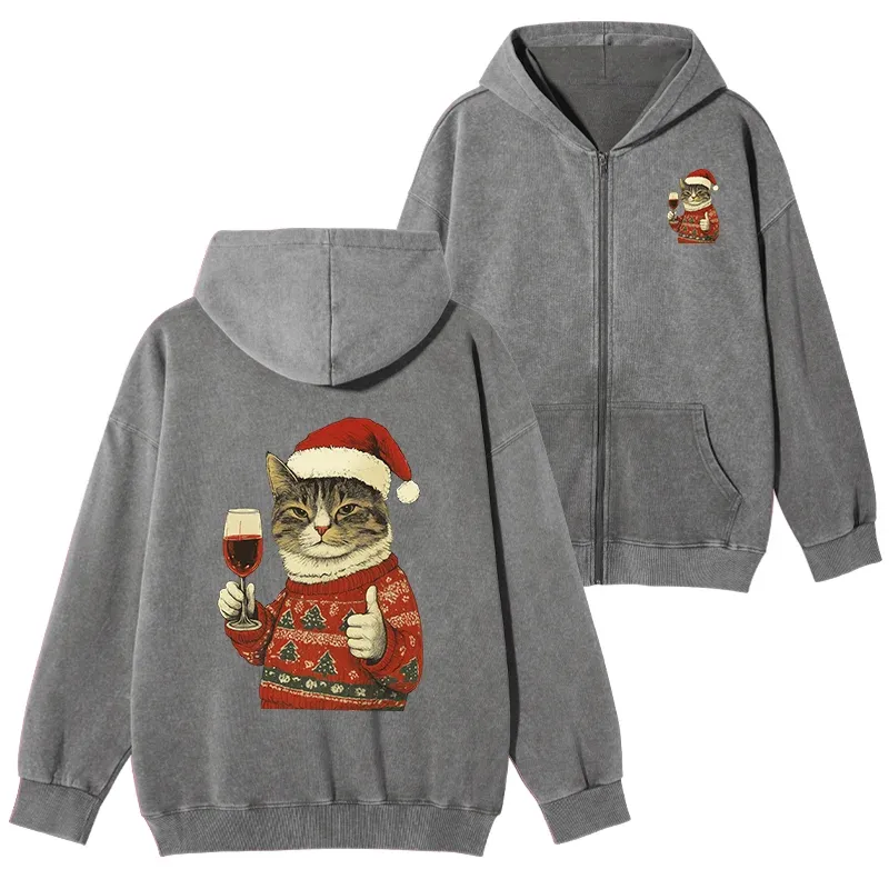 Tokyo-Tiger Christmas Cat Likes Washed Zip Hoodie