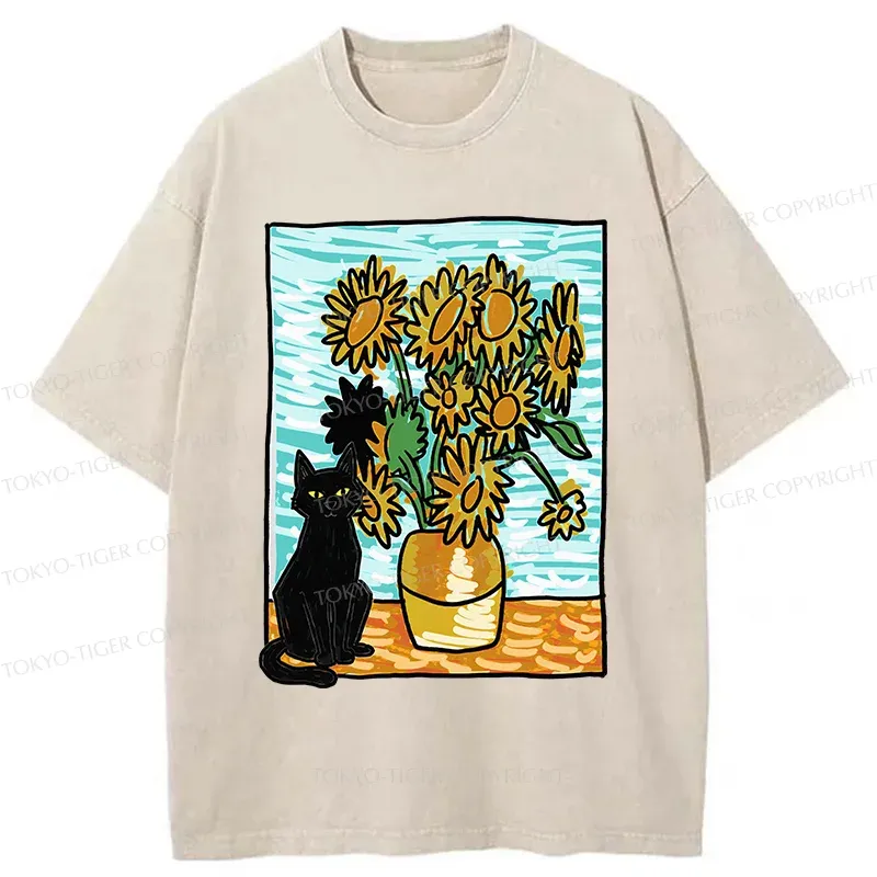 Tokyo-Tiger Black Cat And Sunflower Washed T-Shirt