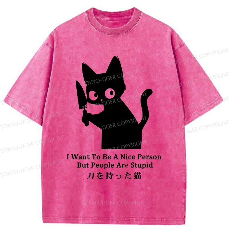 Tokyo-Tiger Black Cat With A Knife Washed T-Shirt